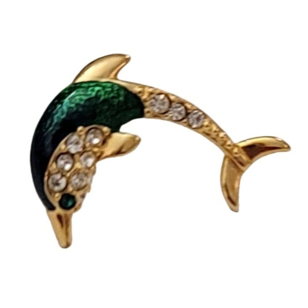 Krementz Gold Tone Green Enamel Clear Rhinestone Dolphin Lapel Scatter Pin, K134